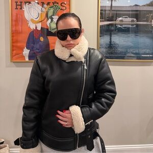 Topshop faux leather shearling aviator biker jacket in black